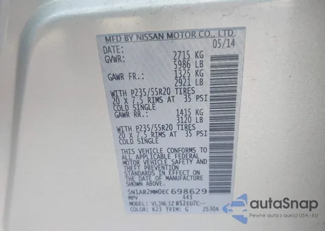 2014 Nissan Pathfinder Platinum из США, поврежденный, VIN 5N1AR2MM0EC698629